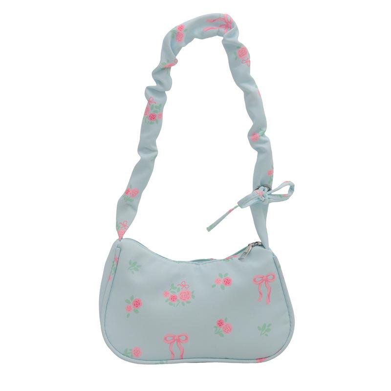 Women's Underarm Bag Summer Canvas Pleated Handlebags Armpit Purse FloralBow Printed Zipper Tote Handbag Female Shoulder Bag