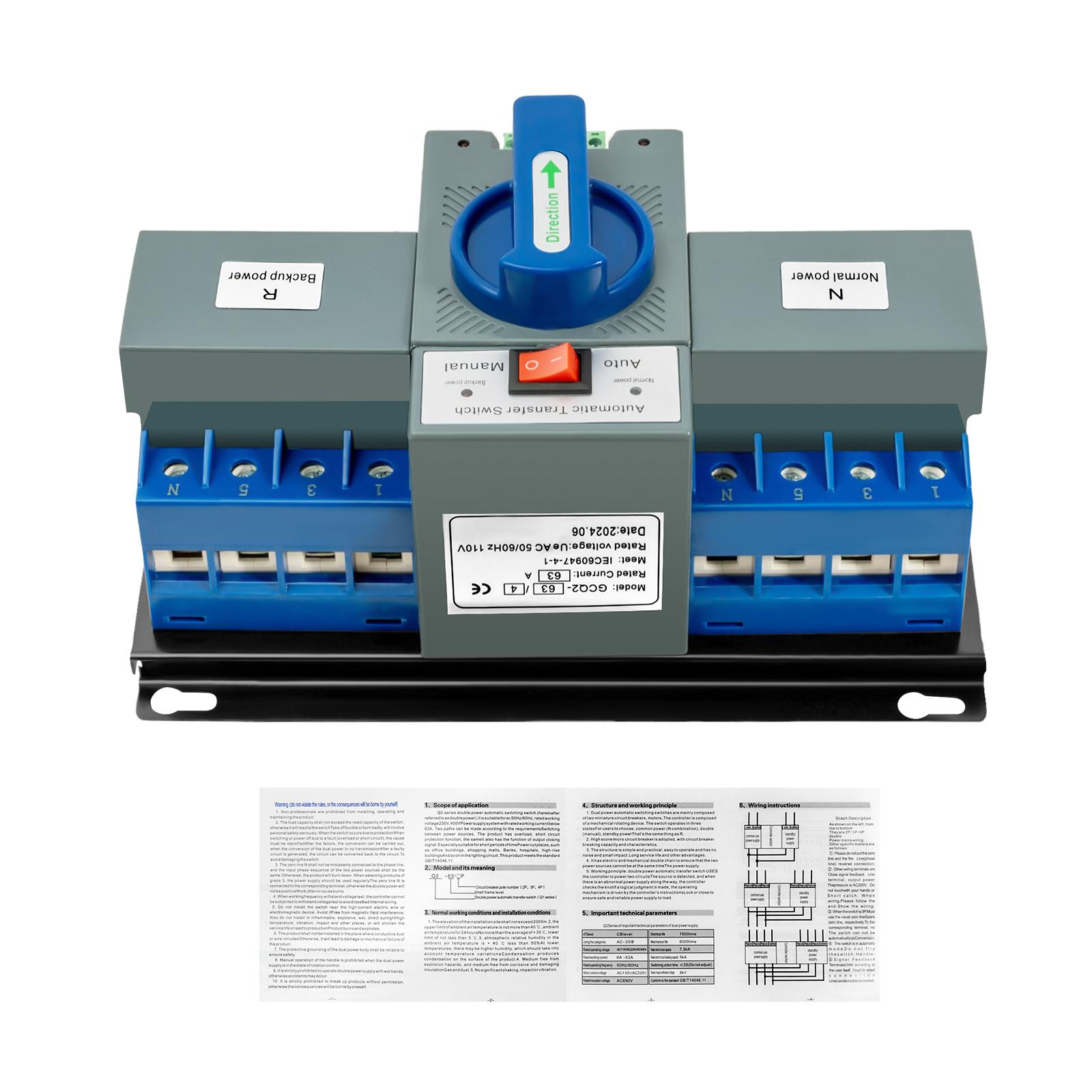 

Dual Power Automatic Transfer Switch,4P 63A Dual Power Generator Changeover Switch, Mini Dual Power Switch CB Level 110V(4P 63A) синій