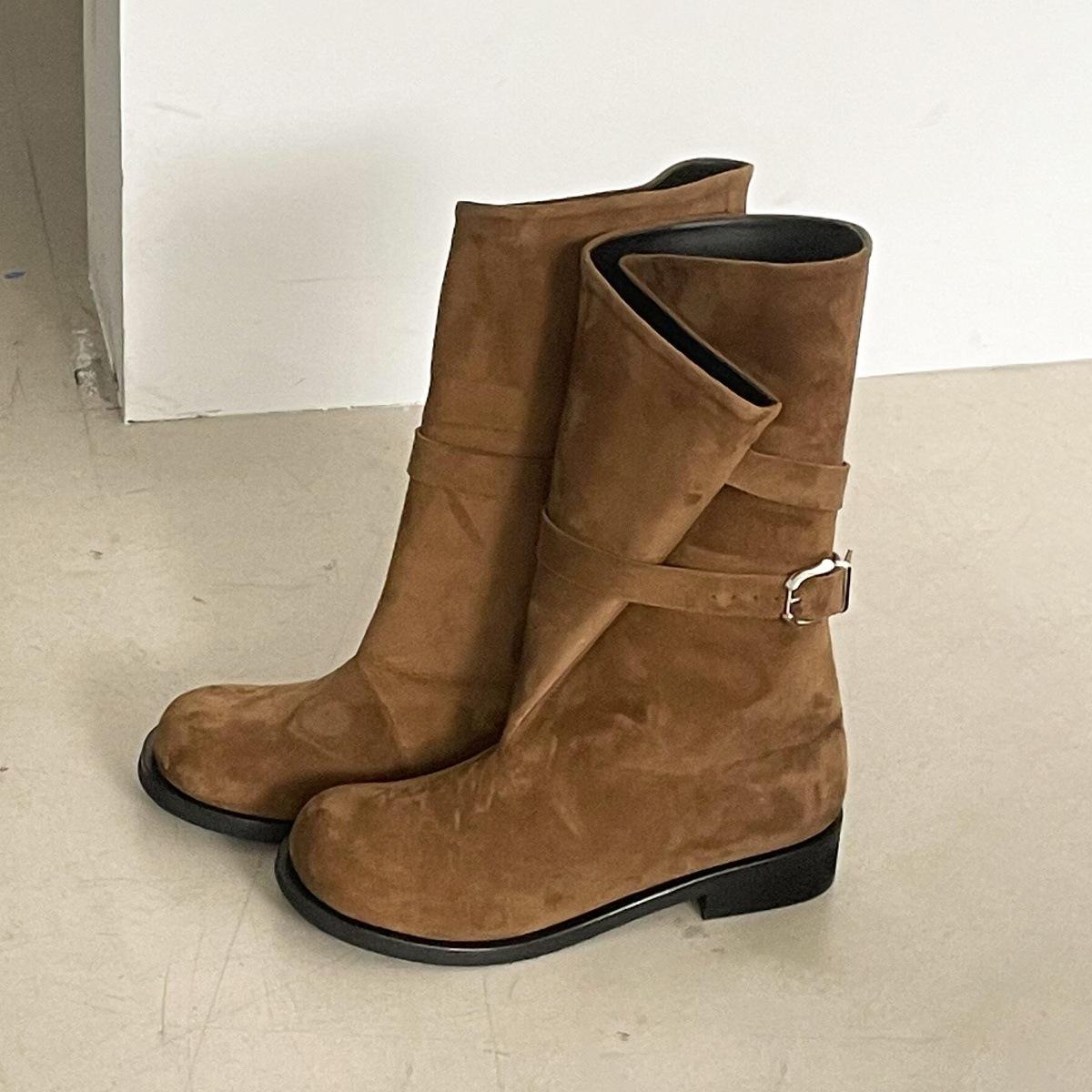 

Версия из коровьей кожи~ Дизайнерские нишевые западные ковбойские сапоги с круглым носком, широким голенищем, складывающиеся, на плоской подошве, с ремешком и пряжкой, короткие сапоги, женские сапоги для верховой езды 40