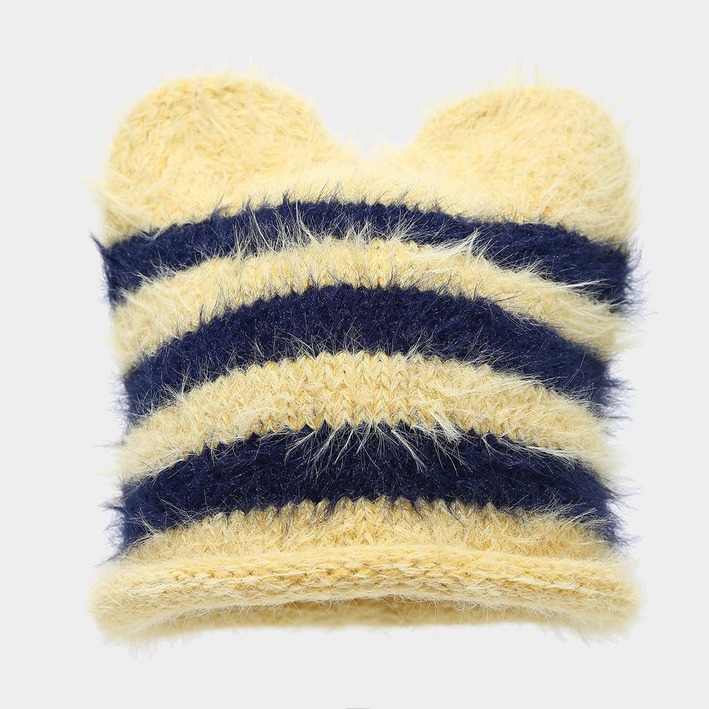 Women's Color Block Striped Ear Hat, Thick Knit Outdoor Winter for Cold