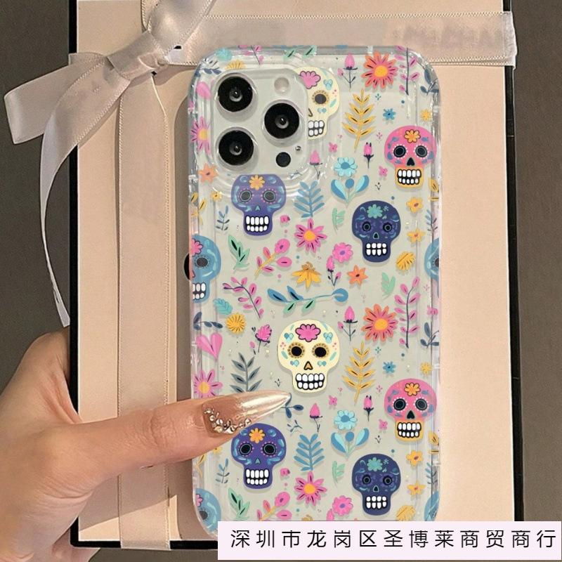Colored skull flower applies to iPhone16Pro Apple 15Pro mobile phone case 14 transparent 13 airbag 12 burst