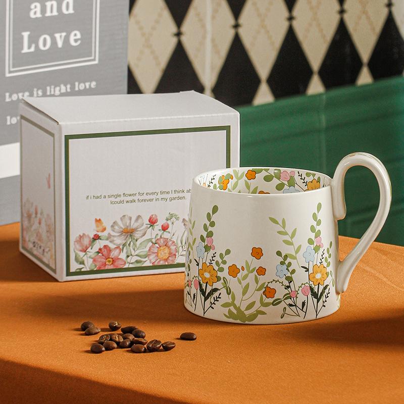Hand Painted Flowers Large Capacity Mug Ceramic Cup Coffee Cup Water Cup Breakfast Cup Original Design White Porcelain