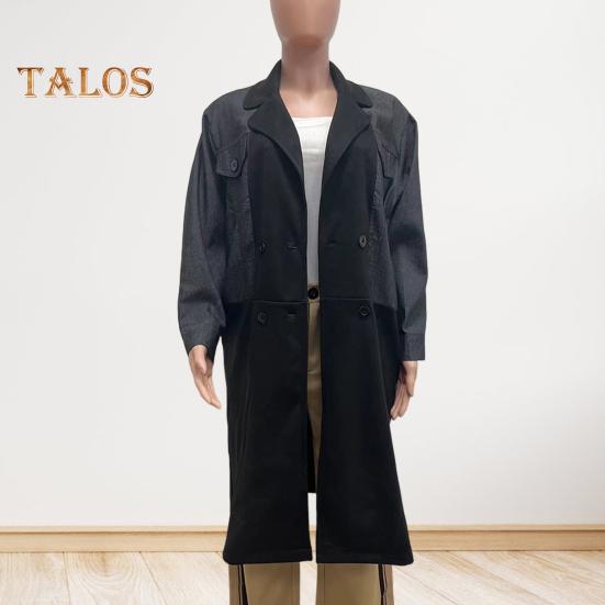 Dámské Jaro Podzim Kabát Džínová bunda Kabát Patchwork Dvouřadý s kapsami s klopou Colorblock Dámský kabát střední délky