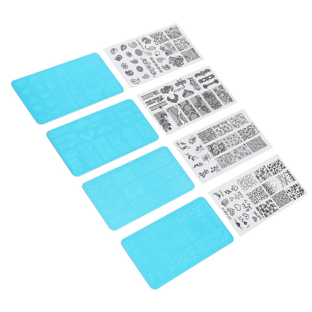 4pcs French Nail Art Stamping Plate Nail Stamping Image Plate Nail Printing Steel Plate with Transparent Films for Nail Polish Artificial Nails