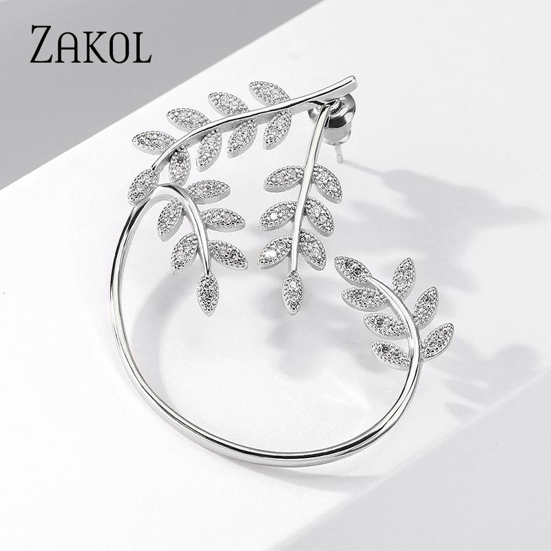 ZAKOL Gold Color Plated Metal Leaf Clip Earrings for Women Ear Clips Without Piercing Sparkling Zircon Ear Cuff Fashion Zircon
