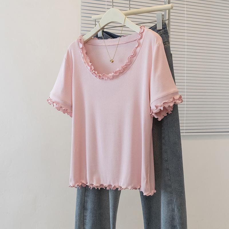 

Women s Plus Size Ruffle Neck Short Sleeve Loose T-Shirt - Solid Color, Flattering Summer Style L (100-115 lbs) рожевий