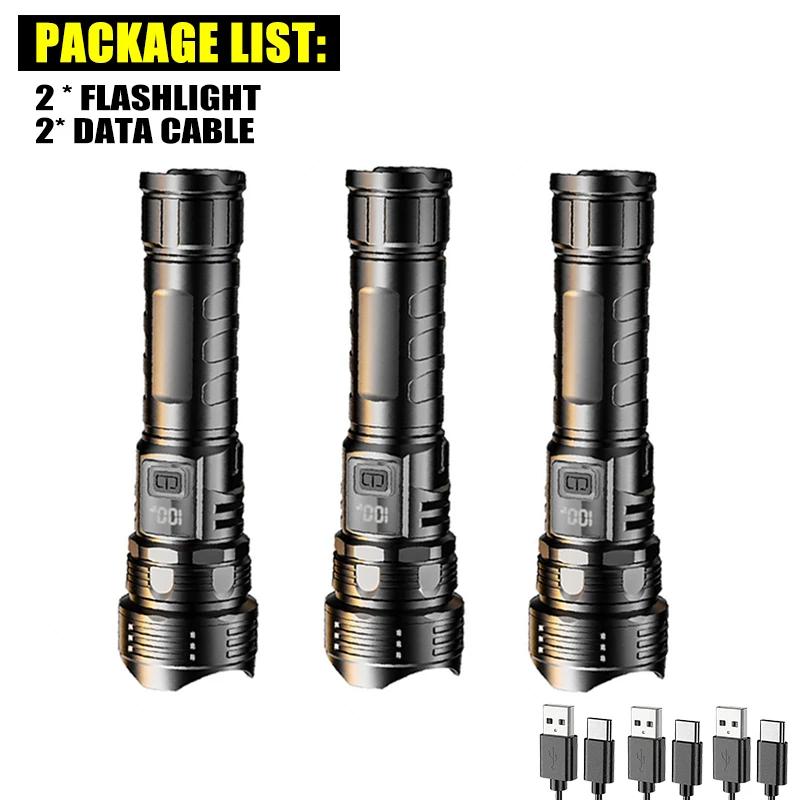 LED Flashlight Super Bright Rechargeable Portable Ultra Power Torch Lamp Retractable Digital Zoom Hand Light For Camping