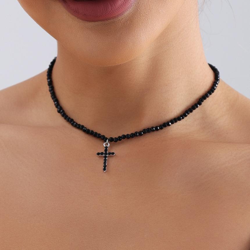 Simple Black Beads Necklace with Cross Pendant Female Jewelry Luxury Rhinestone Choker Necklaces Women Ladies Party Necklace