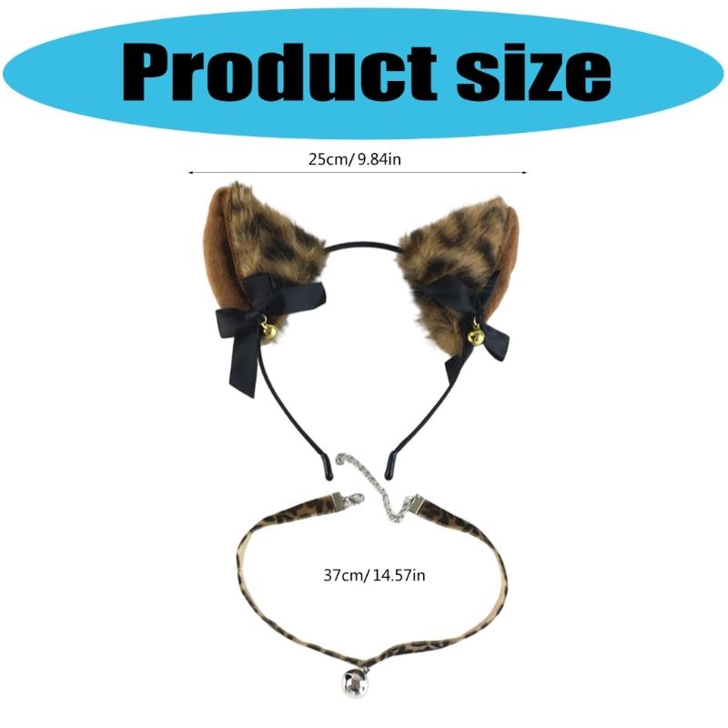 Leopard Cats Ears Headband with Bells Collar Set Cats Costumes Accessories for Women Halloween Cosplay Party Costumes