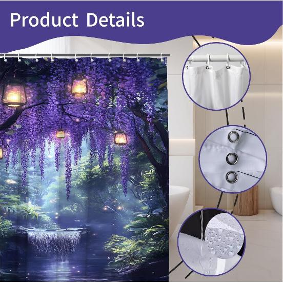 Enchanted Forest Shower Curtain Purple Wisteria Fantasy Garden Waterfall Fairy Tale Nature Scenery Fabric Bathroom Decor Set with Hooks(70" Wx70 H)