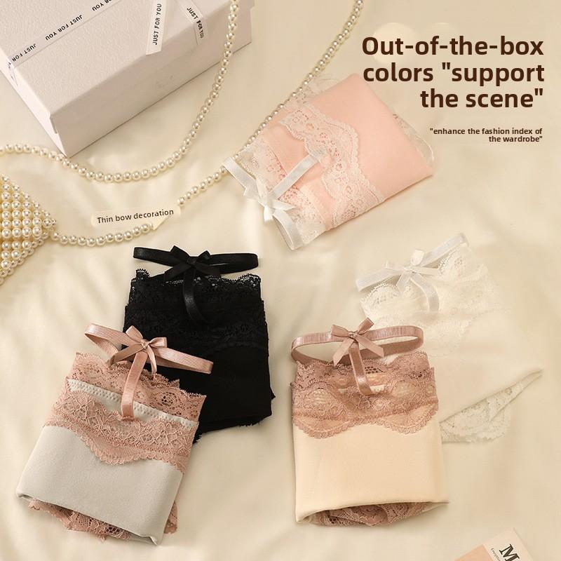 Ladies Spring Summer Sexy Lace Edge Sweet Bow Cutout Mid Waist Triangle Briefs