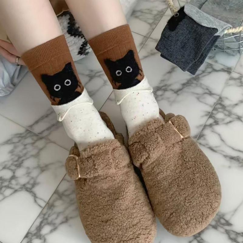 Korean Style Trendy Sweet Cute Soft Cotton Socks Women's Color-blocked 3D Cartoon Kitten Mid-calf Socks
