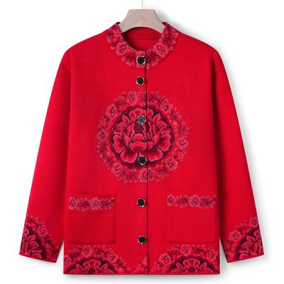 Middle-aged and Elderly Women's Sweater Autumn and Winter Sweater Jacket Grandma's Cardigan Top Mother's New Style Collar Flower Tang Suit