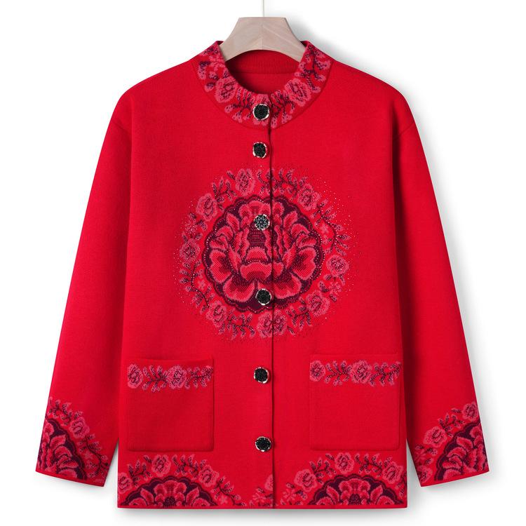 Middle-aged and Elderly Women's Sweater Autumn and Winter Sweater Jacket Grandma's Cardigan Top Mother's New Style Collar Flower Tang Suit