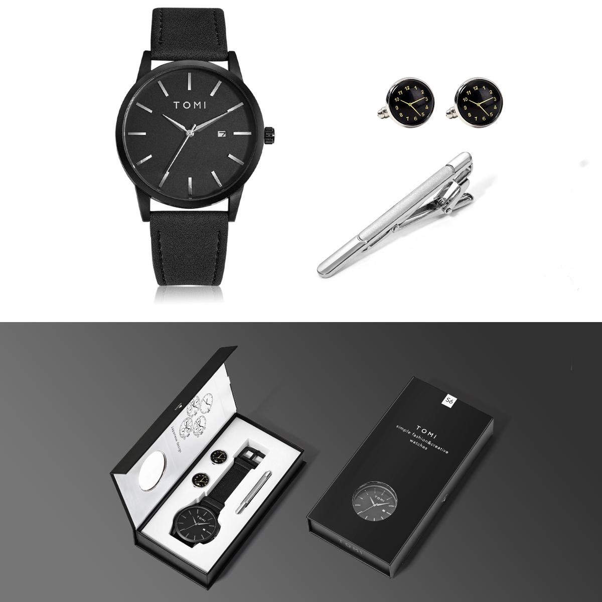 

Selling Men s 4PCS Gift Box Set Watch Minimalist Casual Men s Quartz Watch Tie Clip Sleeve Buckle Clock Gift Relojes чёрный