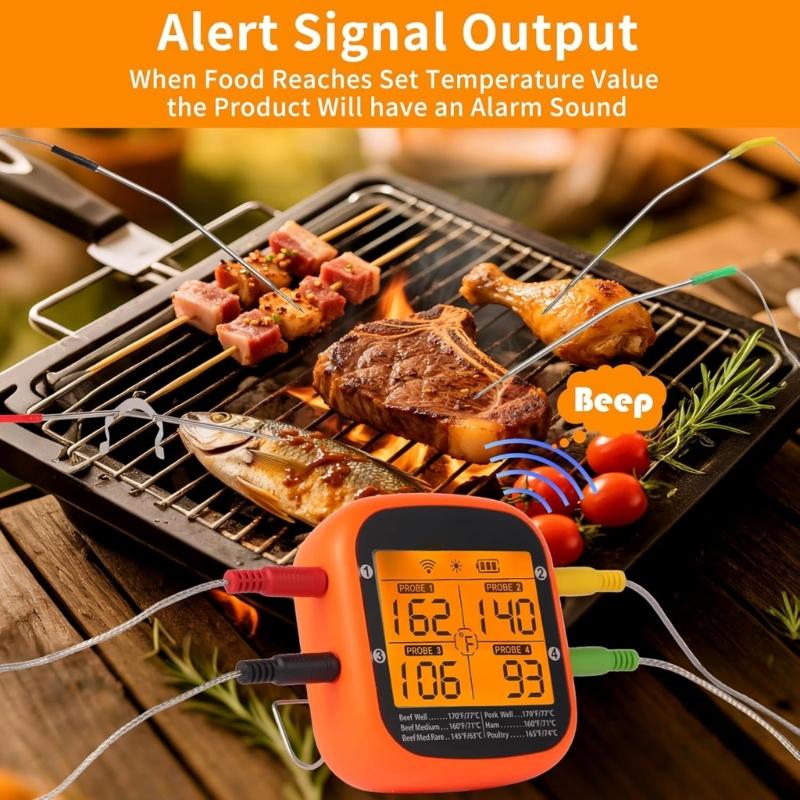 Termometri Wireless Programmabili per Carne con 4 Sonde e Controllo App per BBQ Cucina Indoor Outdoor Monitoraggio in Tempo Reale
