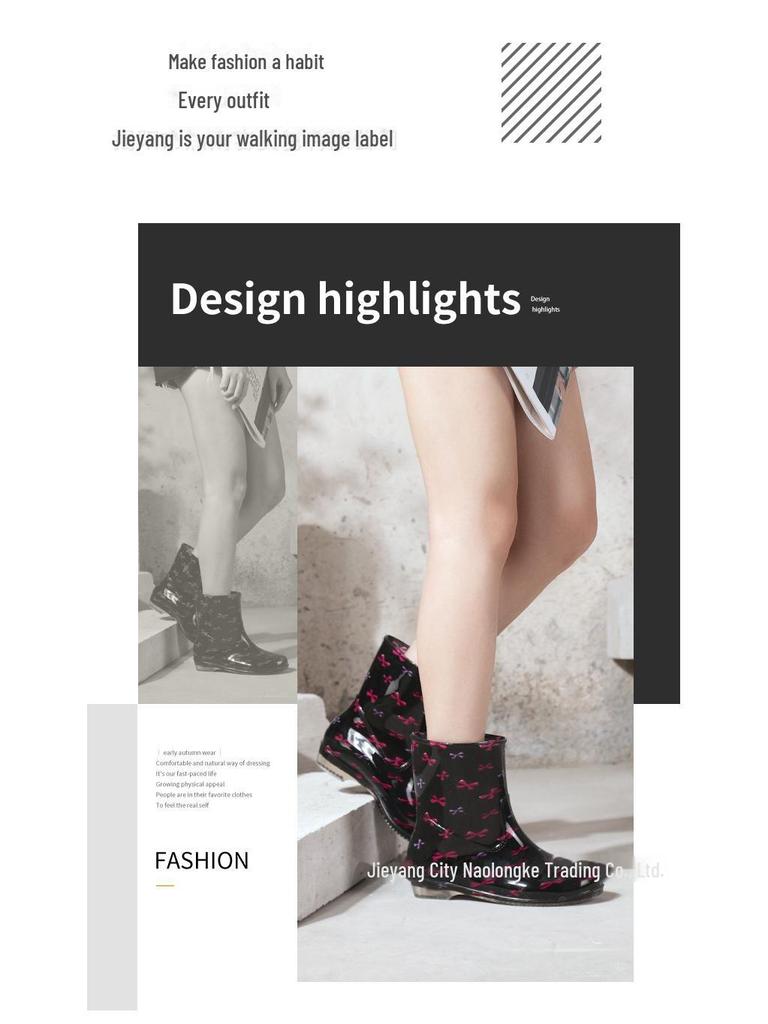 Women's Floral Crystal Rain Boots: Mid-Tube, Thick Rubber, Transparent Sole, Waterproof Kitchen Shoes