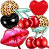 7PCS Cheetah Cherry Foil Balloons for Women Leopard Print Lips Heart Balloon for Birthday Bachelorette Shower Party Decorations