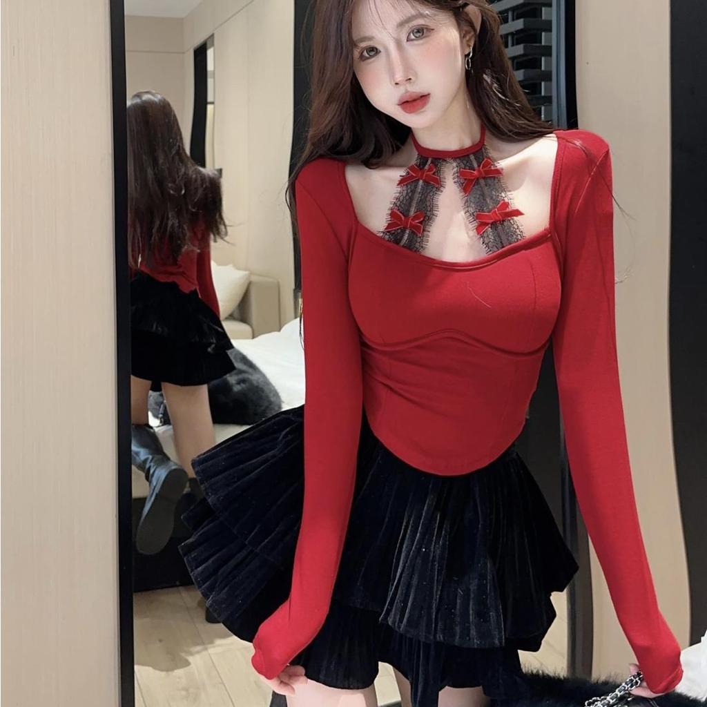 VAYLA Square Collar Long Sleeve Bottoming Women Tees Sweet Y2k Aesthetic Bow Sexy Lace Crop Top Japanese Chic Fashion Slim T-Shirts