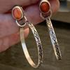 Ethnic Square Coral Stone Drop Earrings Vintage Jewelry Silver Color Metal Carving Pattern Round Dangle Earrings for Women