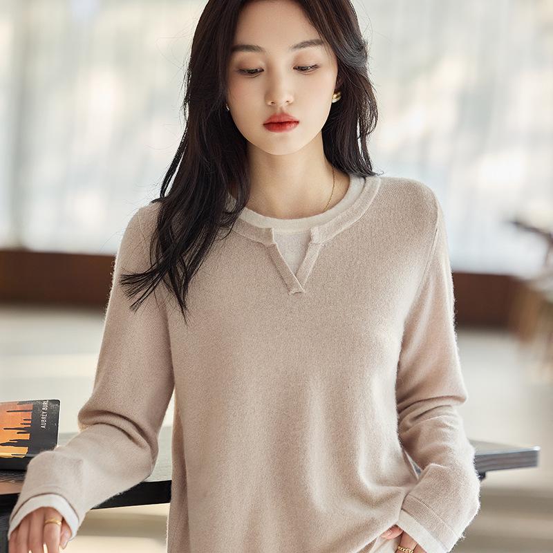 Women's V-Neck Color Block Wool Sweater: Autumn/Winter Fake Two-Piece Knit Design