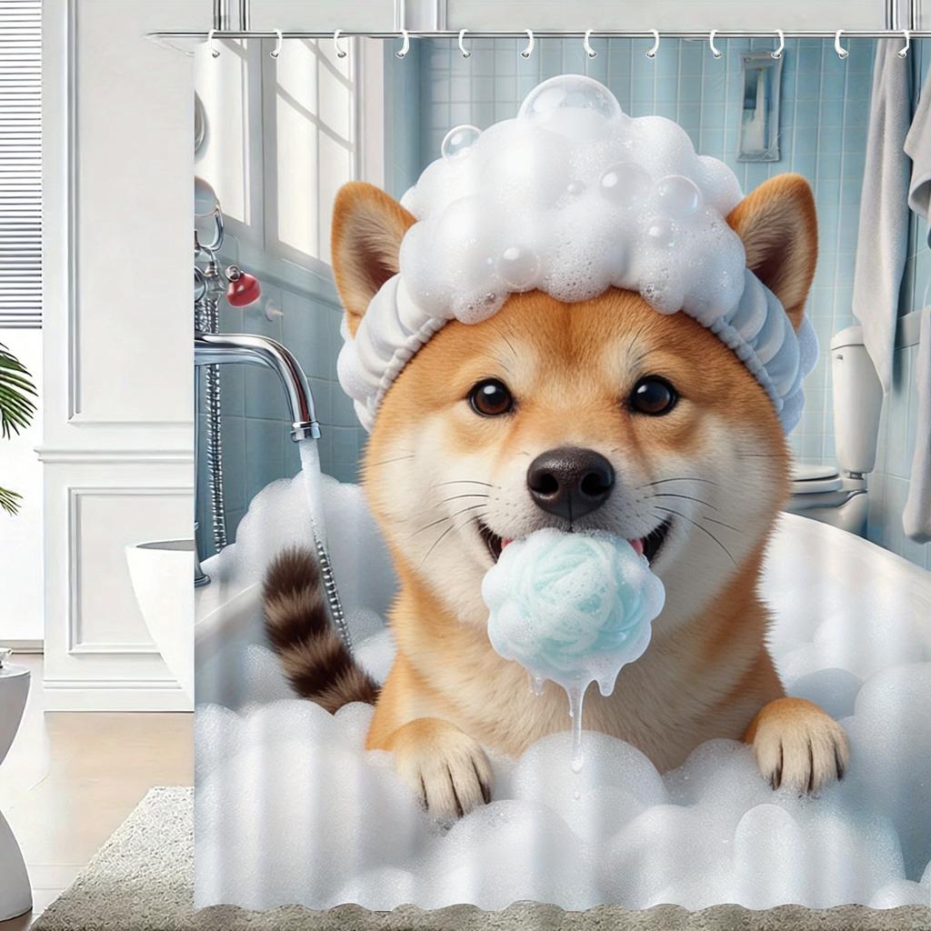 Cute 3D Cartoon Penguin Bathing with Bubbles Waterproof Shower Curtain - Fun Bathroom Decor