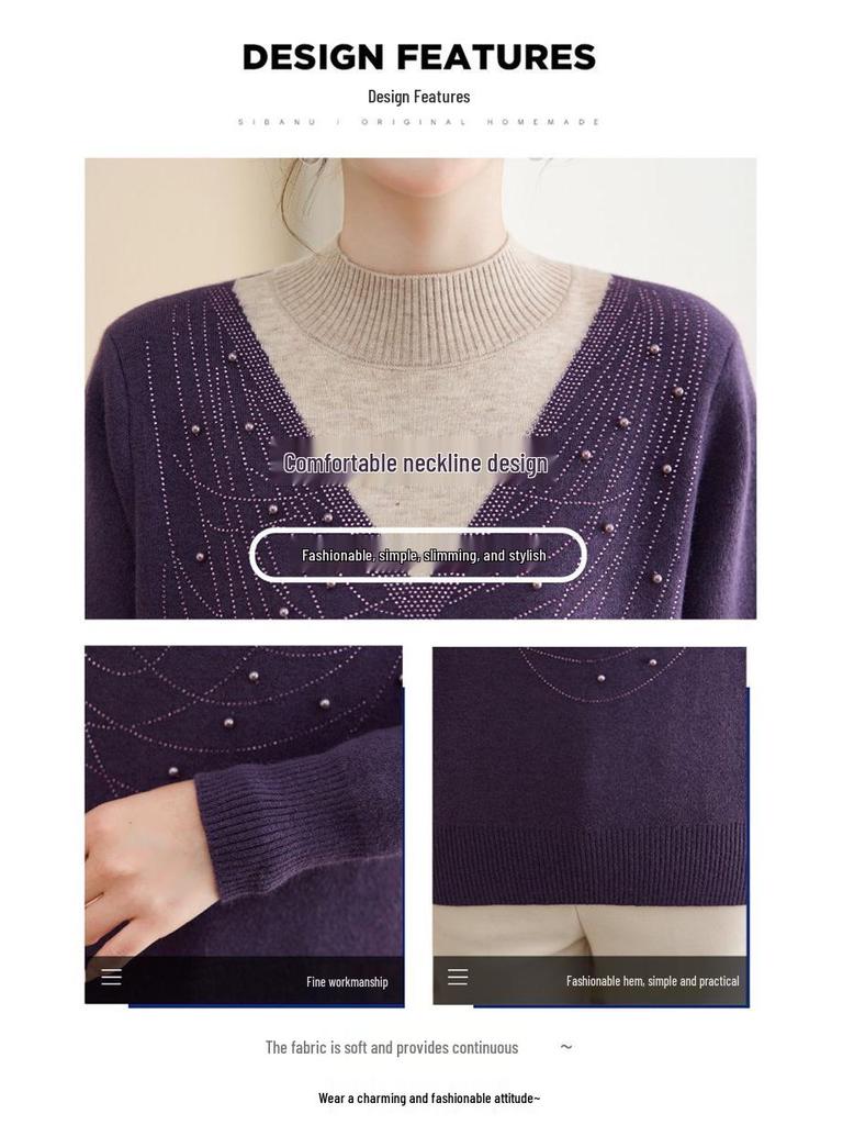 Mom's Velvet Thickened Knit Two-Piece Sweater for Autumn/Winter - Mid-Age Half-High Collar