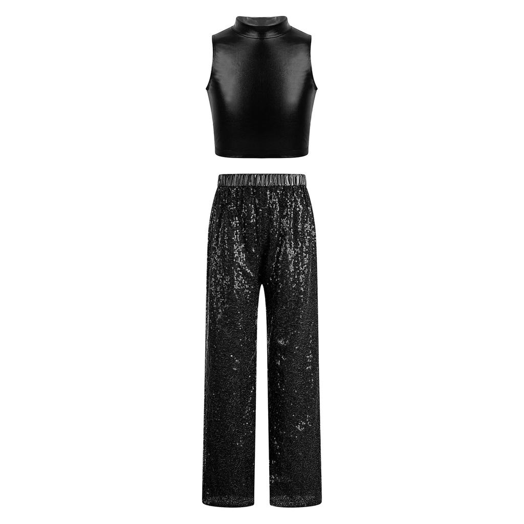 Kids Jazz Dance Costume Sleeveless Mock Neck Metallic Top and High Waist Sparkle Sequin Pants for Stage Competition