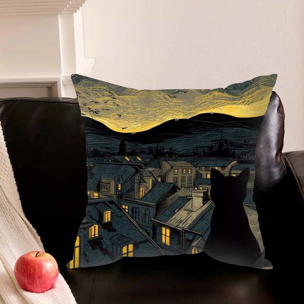 Cute Cat V-Van G-Gogh Starry Sky Various Sizes Square Pillowcase For Car Home Bedchamber Decor