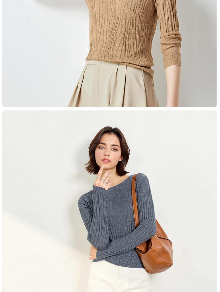 Wave Rhyme Gauze Women's Slim Fit Low Round Neck Wool Knit Shirt
