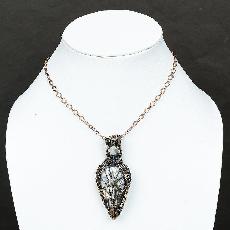 Dendrite Opal, Moonstone Gemstone Copper Wire Wrap Jewelry Pendant 2.80"