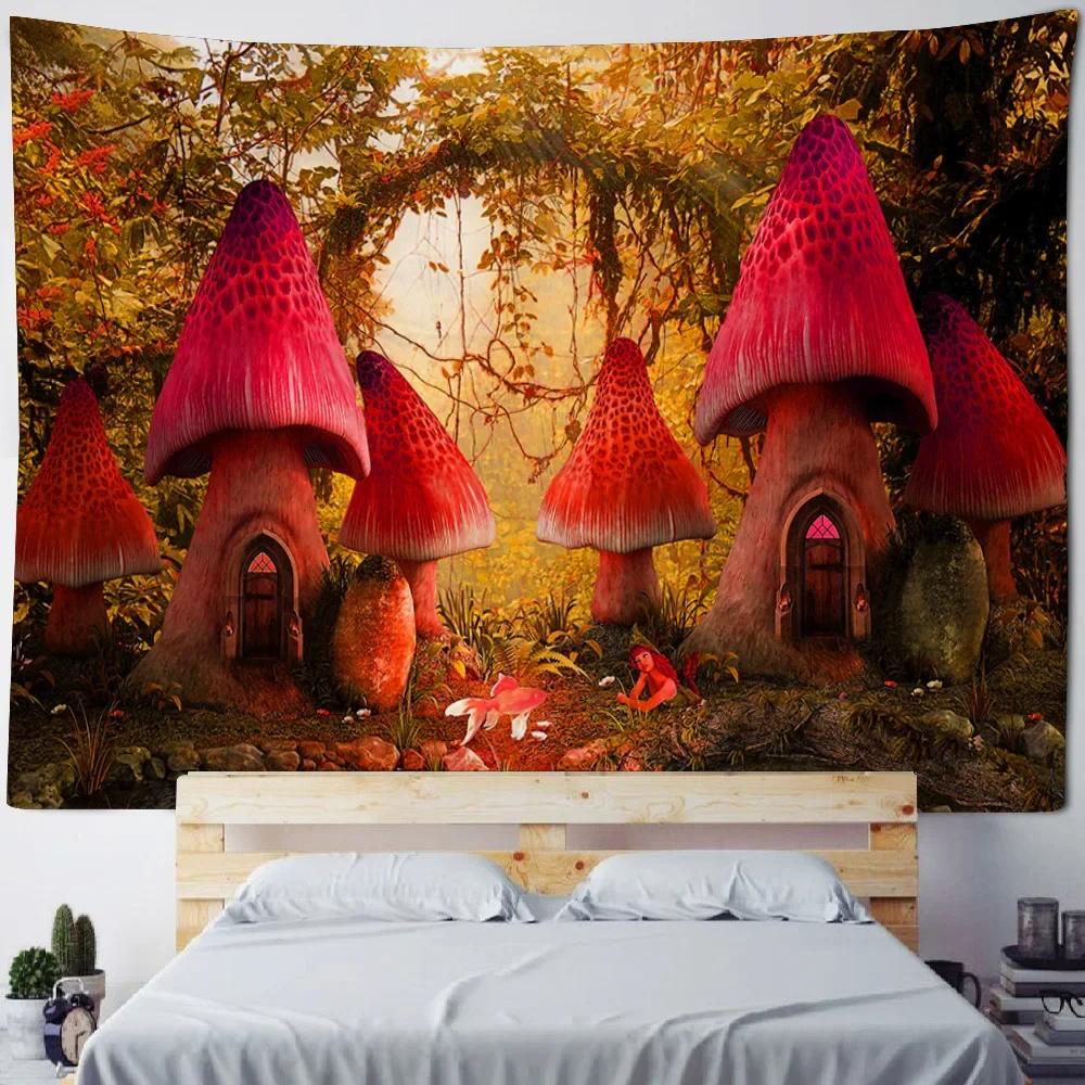 3D Mushroom Forest Printed Tapestry Hippie Wall Hanging Cloth psychedelic Scene Background Poster Bohemian Room Decoration