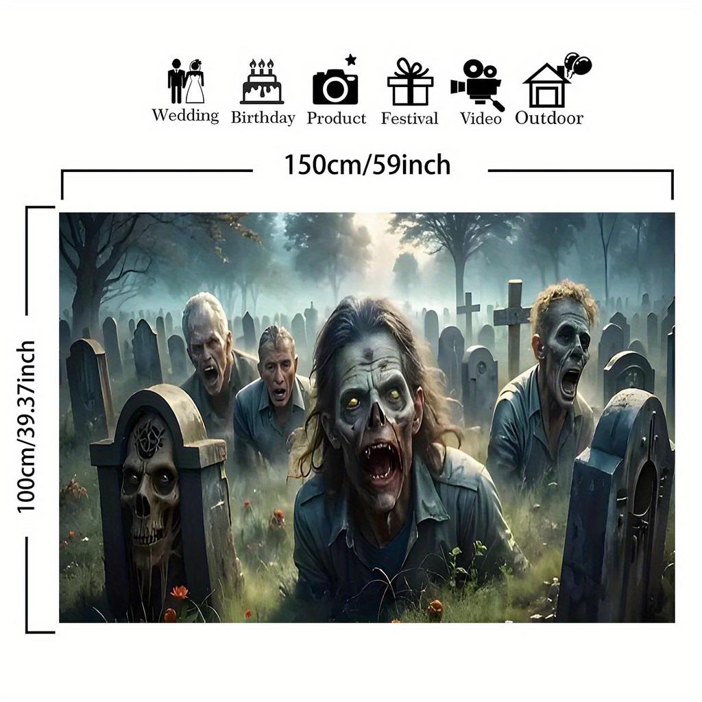 Striscione per festa con stampa piatta 2D 1 pezzo di tessuto per parete di sfondo cimitero zombie Sfondo per fotografia.PMJ