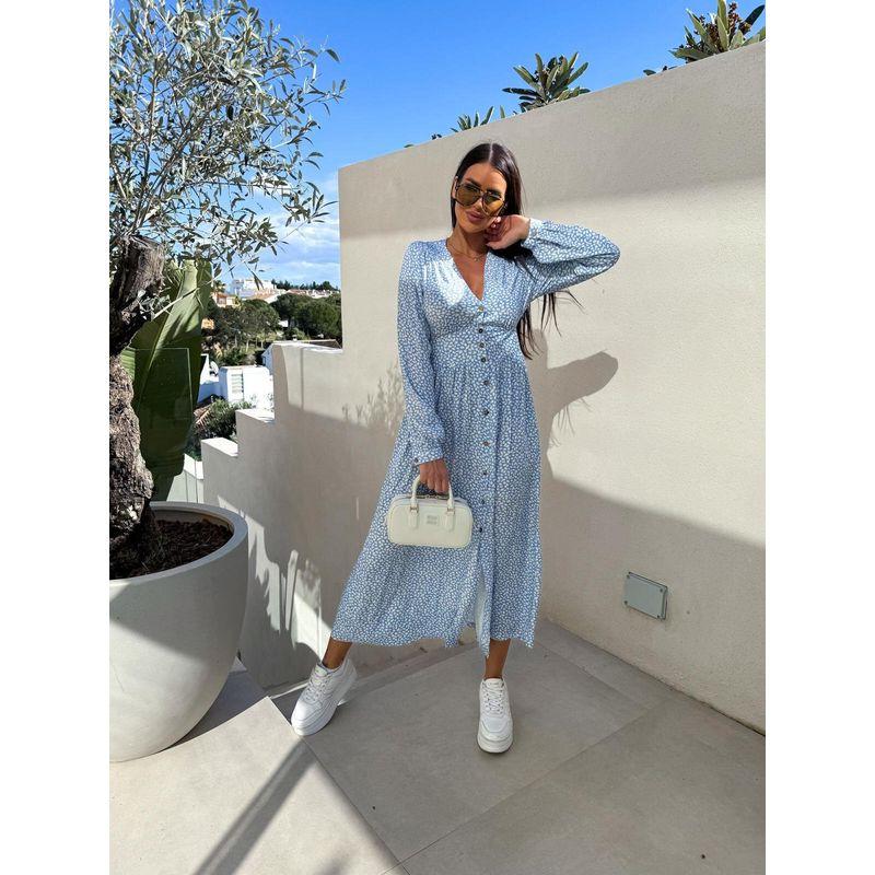 

Fashion Casual V-neck Button Long sleeve Floral Waist Hugging Dress Women Blue L