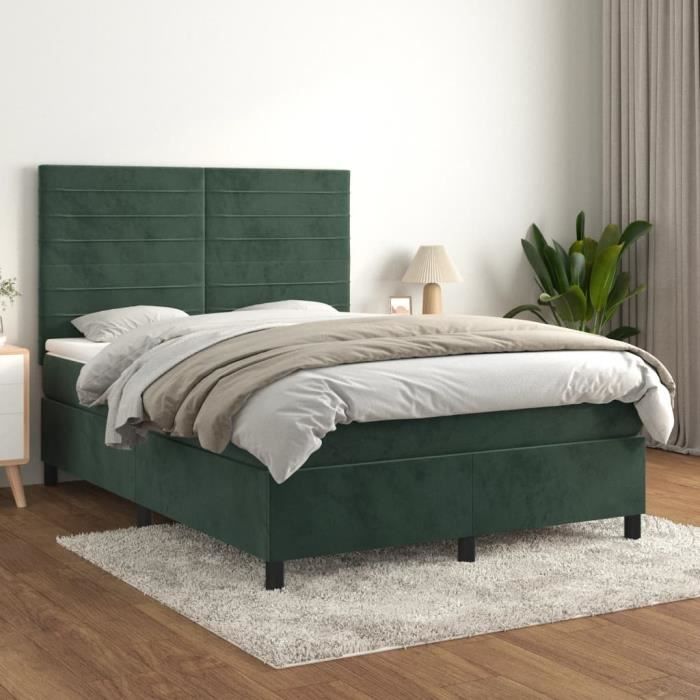 3143082 vidaXL Lit à sommier tapissier et matelas Vert foncé 140x190cm Velours