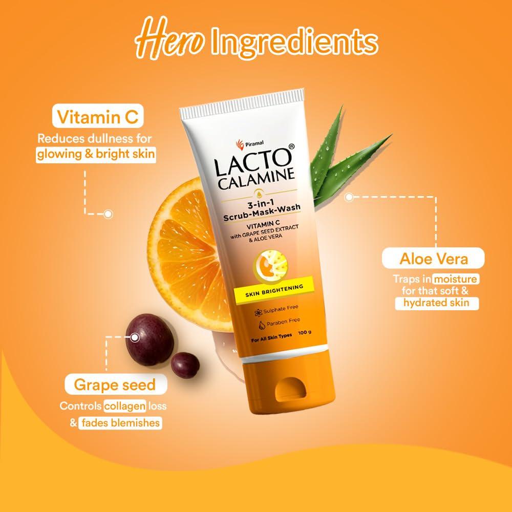 Lacto Calamine 3-in-1 Vitamin C Face Scrub Mask Wash 100ml Pack of 1 for Skin Brightening Glow