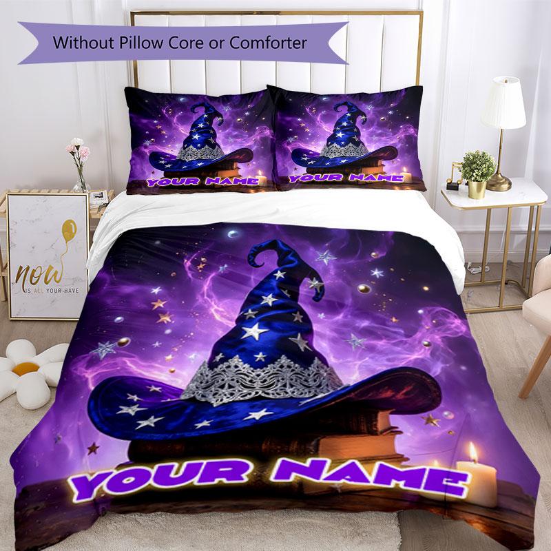 3pcs Custom Name Witch's Hat Magic Night Bedding Set Printed Bedding Set Duvet Cover Closure Includes 1 Duvet Cover & 2 Pillowcases Bedroom Decor
