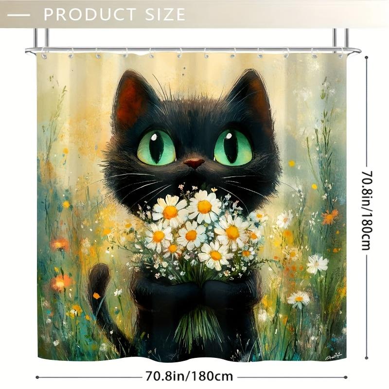 1 Stück Charmante Schwarze Katze mit Grünen Augen Duschvorhang, Strapazierfähiges Polyester, Waschmaschinenfest, für Badezimmer- und Fensterdekoration