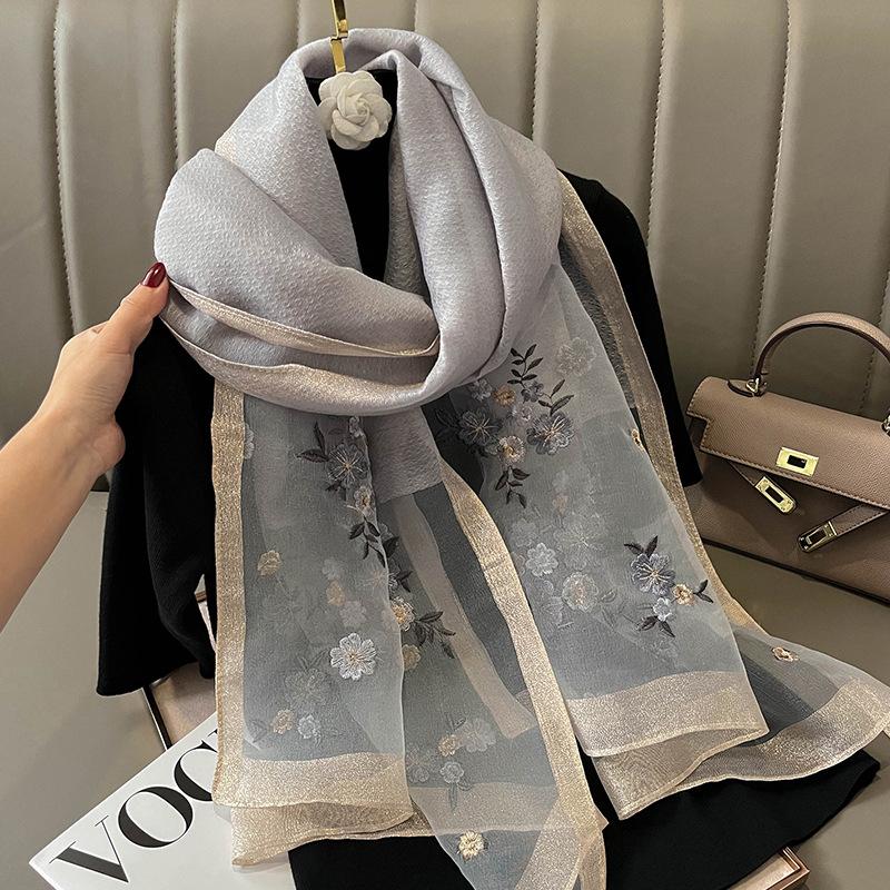 Seidenschal für Damen Großes Blumenmuster Strandstolen Foulard Damen Hijab Dünn Bufanda Schals Damen Luxus Pashmina Wickeltücher gray