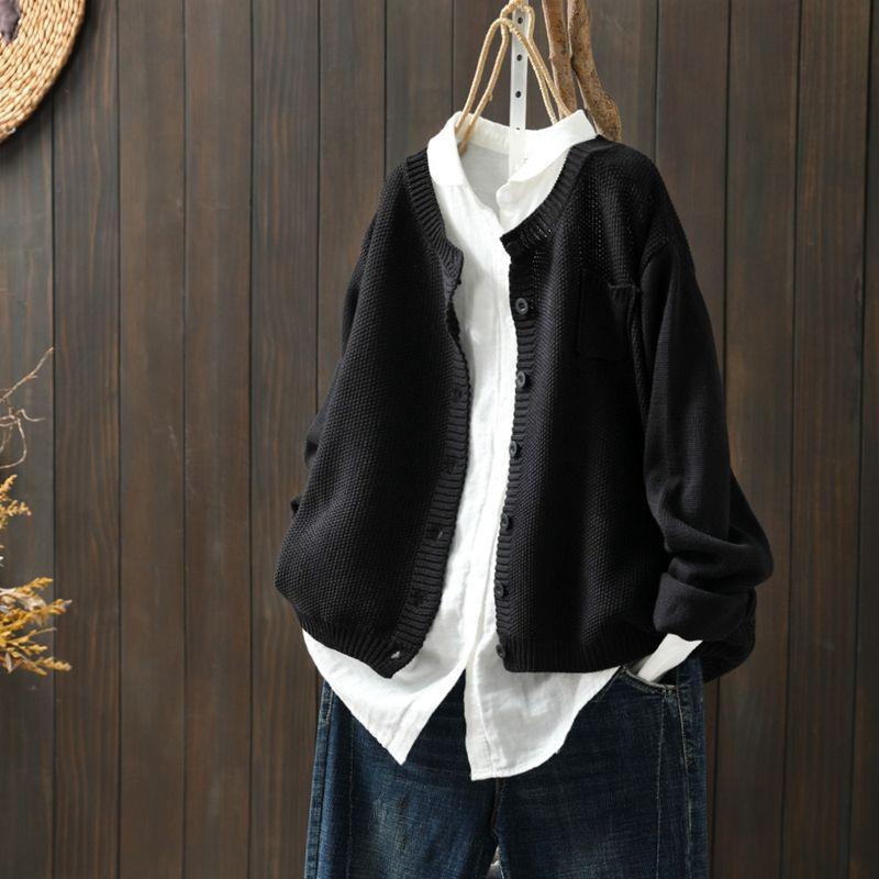 Spring and Autumn Knitted Cardigan Jacket Women's Retro Literary Loose Casual All-match Long-sleeved Sweater
