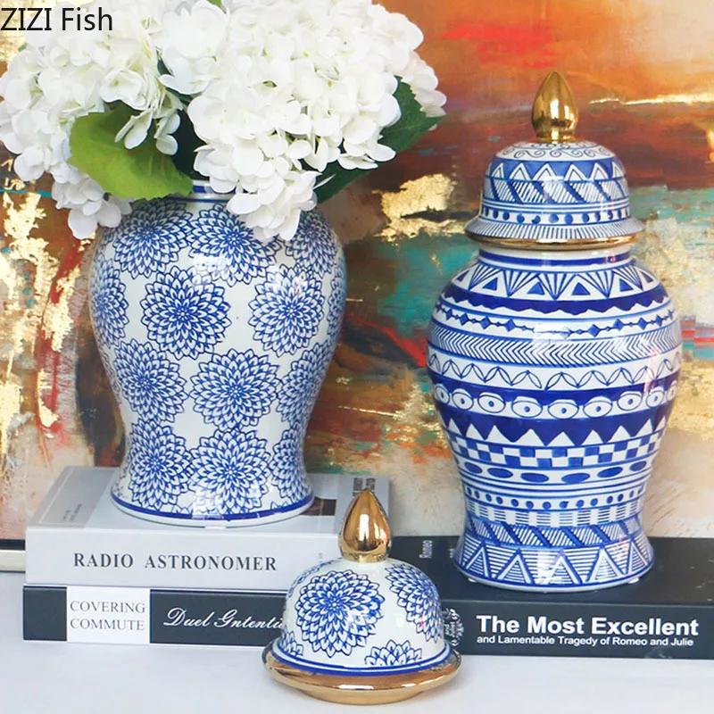 Gold Plated Blue and White Porcelain Ginger Jar with Lids Ceramic General Jars Retro Tea Caddy Floral Vases Desk Decoration