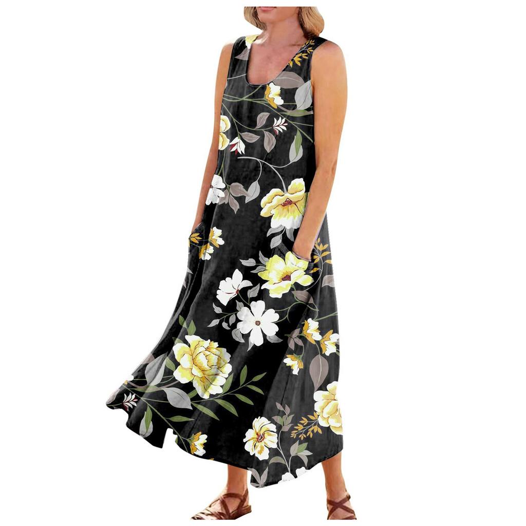 Women's Summer Casual Fashion Flower Printed Sleeveless Round Neck Pocket Dress