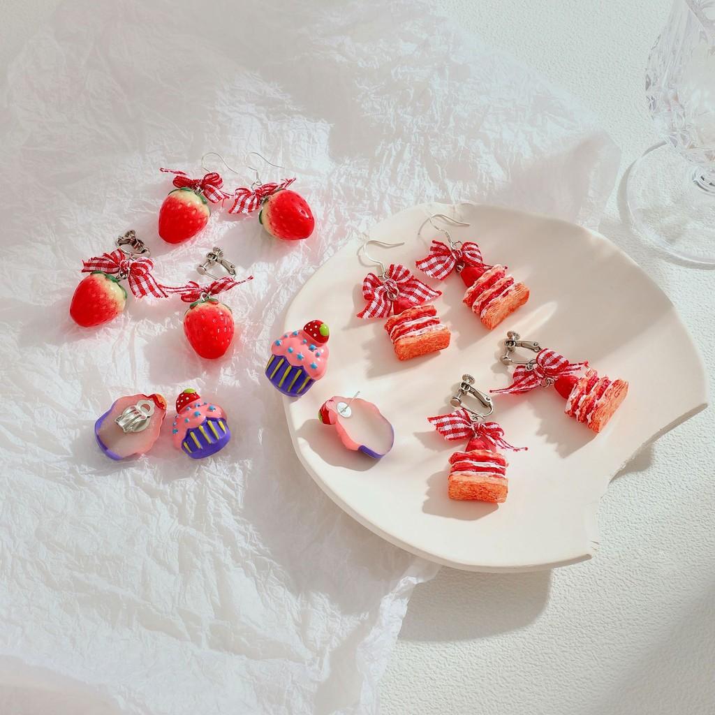 Strawberry Cake Earrings Adorable Girls Sweet Bow Design Non Pierced Ear Clips