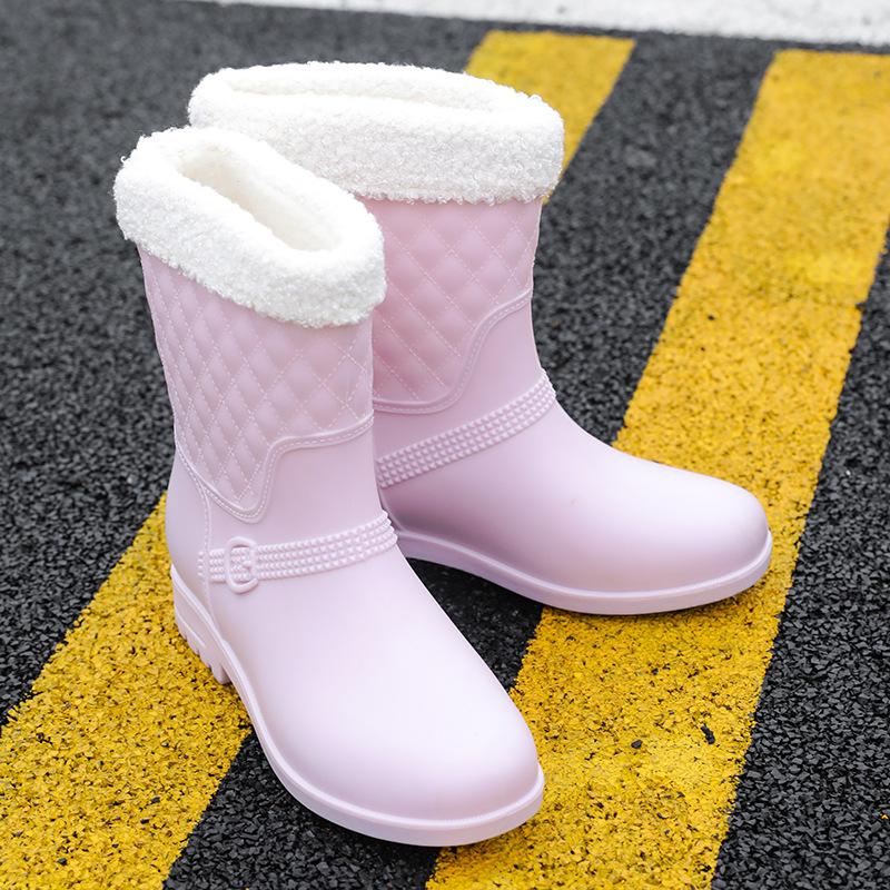 Medium Tube Rain Shoes Women's Rubber Shoes Wear Non-slip Water Boots Water Shoes Velvet Kitchen Work Outdoor Short Rain Boots