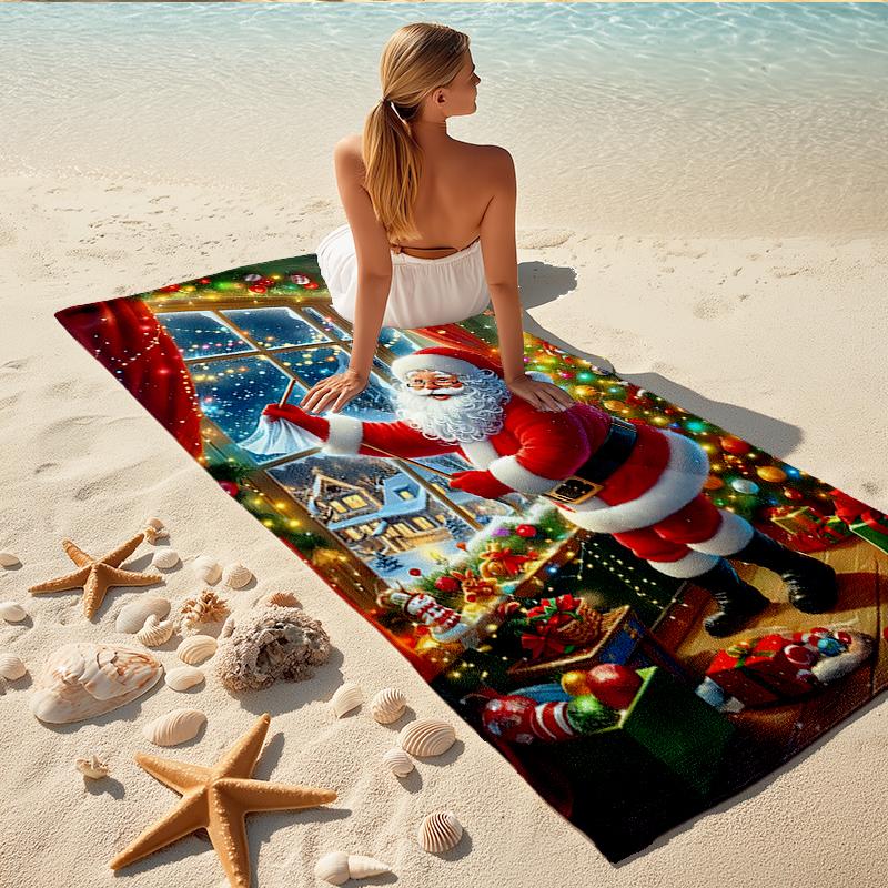 1Pc Santa Claus Christmas Decorations Beach Towel, Quick Dry, Multi-Use for Beach Pool Gym Yoga Home Travel, Christmas, Halloween, Xmas Gift S19