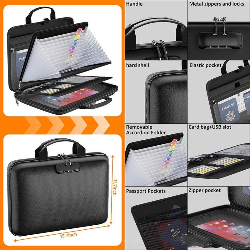 Fireproof Waterproof Accordion Bag with Password Lock – Large Capacity for Documents, Passports, Files, Includes Transparent Folders