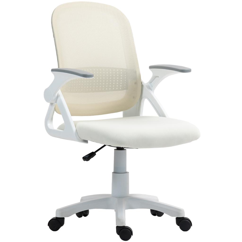 Breathable Mesh Office Chair, Ergonomic Swivel Chair with Folding Armrests and Lumbar Support, White