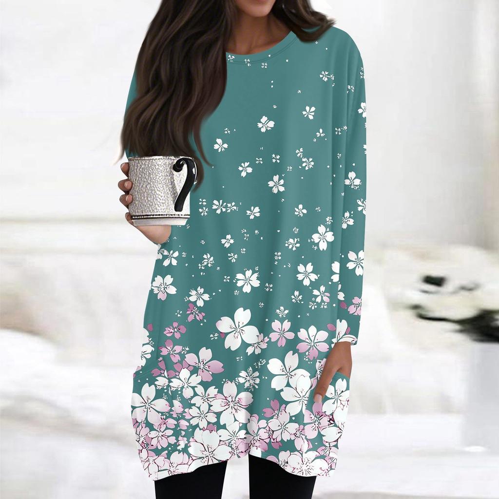 Womens Tops Round Neck Long Sleeve Blouses Casual Mid-length Shirts Fashion Print Tunic Tops With Pockets