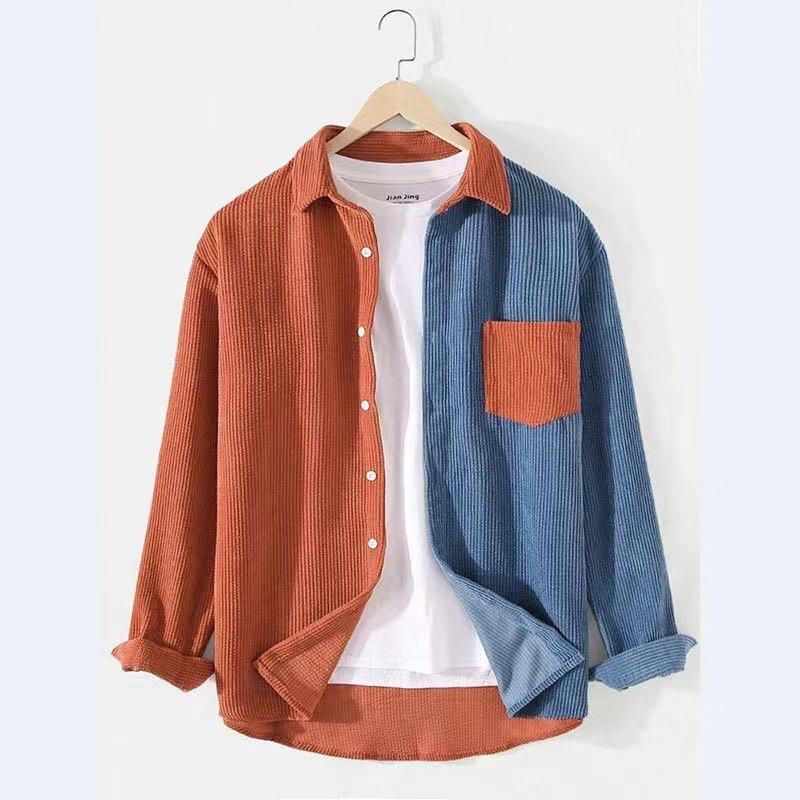 Camisa de pana informal holgada para hombre con bloques de color y manga larga