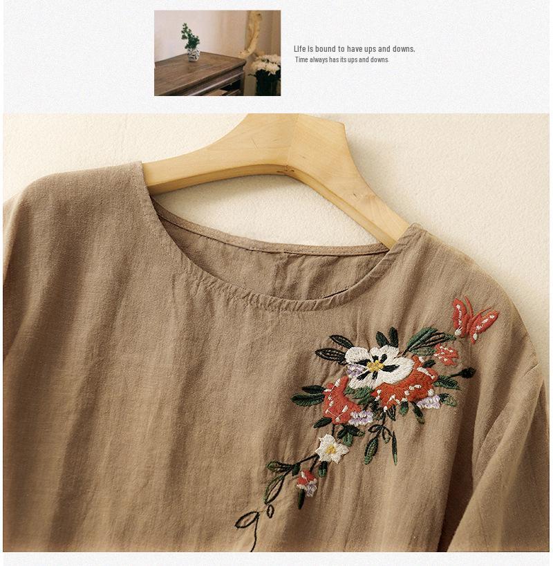 Women's Ethnic Embroidered Cotton-Linen Short Sleeve Loose Top